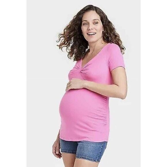 Isabel Maternity Short Sleeve Twist-Front Maternity Top Pink Women’s L NWT - Picture 1 of 4